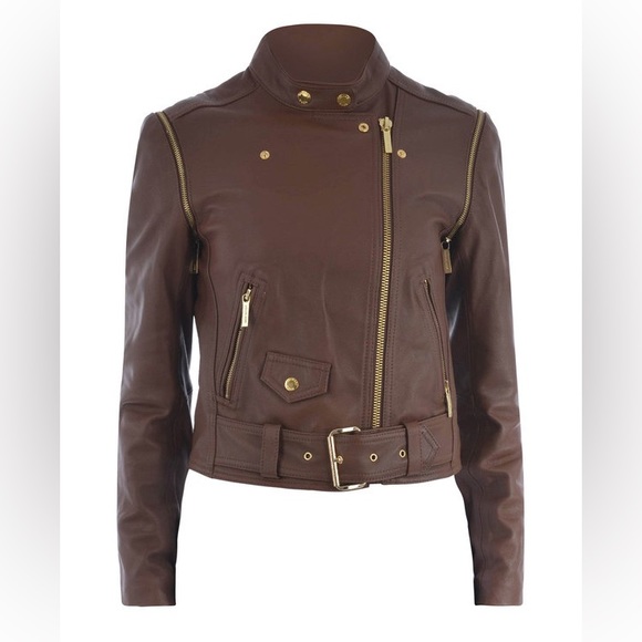 Michael Kors Biker 2 in 1 convertible vest brown leather jacket gold hardware - Picture 11 of 15